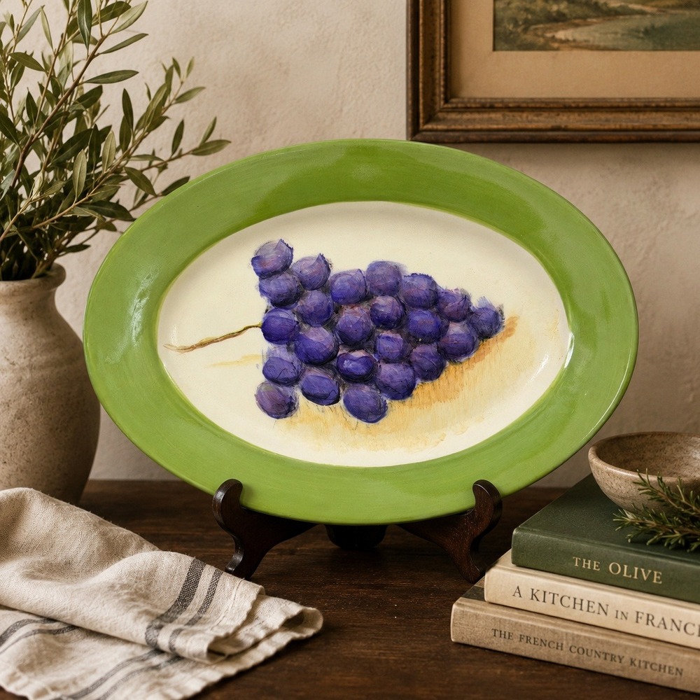 Hand Painted Grape Oval Ceramic Italian Style Pottery Serving Platter 12.5"
